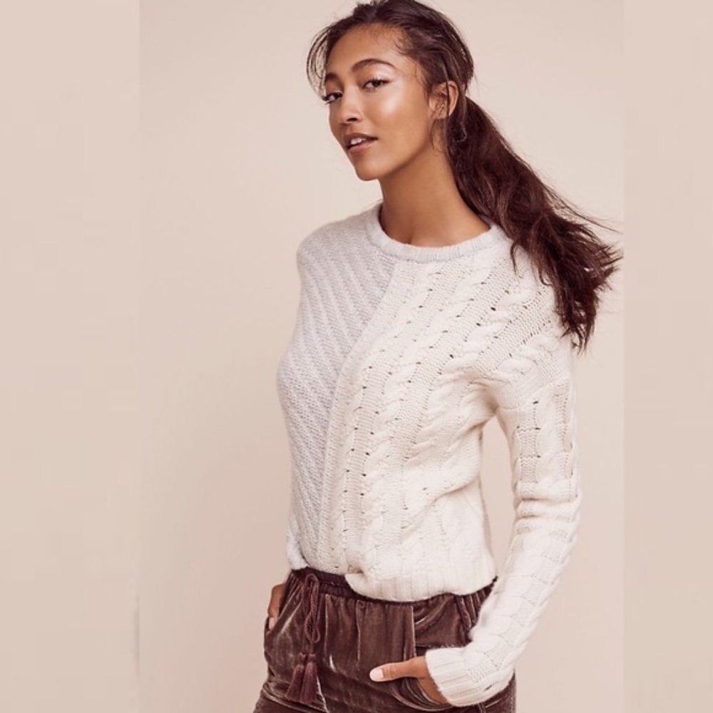 Shae Split Colorblock Gray and White Cable Knit Wool Blend Pullover Sweater